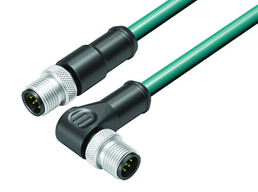 Vista en 3D 77 3529 3527 34708-0200 - M12-A Cable de conexión conector de cable macho - conector macho en ángulo, Número de contactos: 8, blindado, moldeado en el cable, IP67, Ethernet CAT5e, TPE, azul-verde, 4 x 2 x AWG 24, 2 m
