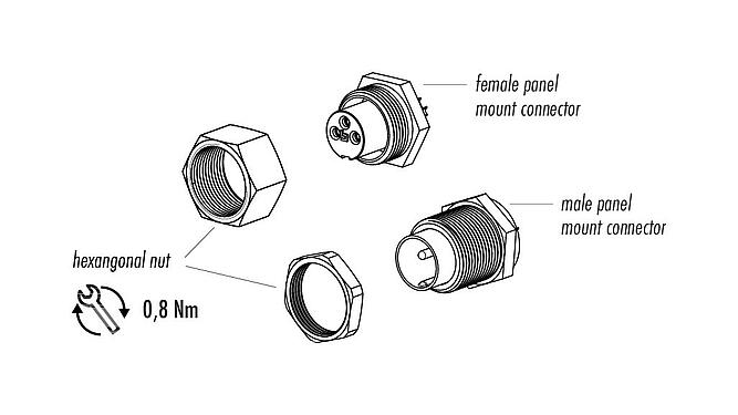 Component part drawing 09 0097 00 05 - M9 Male panel mount connector, Contacts: 5, unshielded, solder, IP40