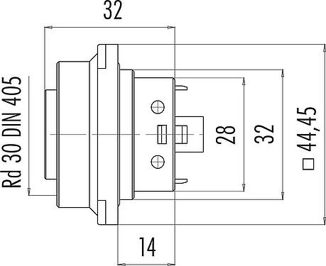 Dessin coté RD30 Embase femelle, Contacts: 12+PE, non blindé, souder, IP65, Montage frontal