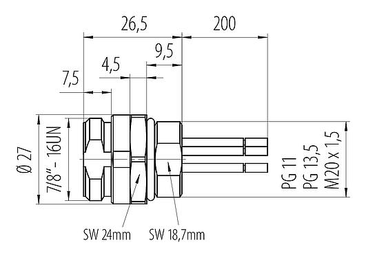 Dessin coté 7/8" Embase mâle, Contacts: 4, non blindé, fils, IP68, UL 2238, VDE, M20x1,5, Montage frontal, coulé