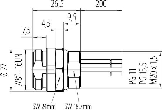 Dessin coté 7/8" Embase mâle, Contacts: 2+PE, non blindé, fils, IP68, UL 2238, VDE, M20x1,5, Montage frontal, coulé