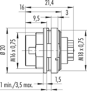 Scale drawing M16 Male panel mount connector, Contacts: 6 (06-a), unshielded, crimping (Crimp contacts must be ordered separately), IP40, M18x0,75, Front mounting