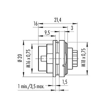 Scale drawing M16 Male panel mount connector, Contacts: 4 (04-a), unshielded, crimping (Crimp contacts must be ordered separately), IP40, M18x0,75, Front mounting