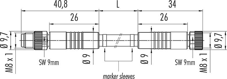 Scale drawing M8 Female cable connector - Male cable connector, Contacts: 3, unshielded, moulded on the cable, IP67/IP69K, UL 2238, PLTC, TPE-E, yellow, 4 x AWG 22, 2 m