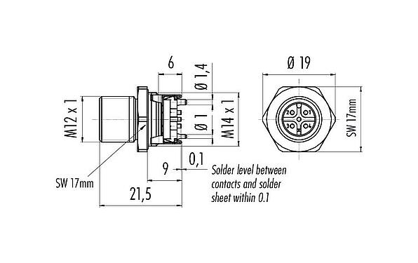 Dibujo a escala M12 Enchufe de brida, Número de contactos: 5, blindable, SMT, IP67, M12x1,0, Montaje frontal