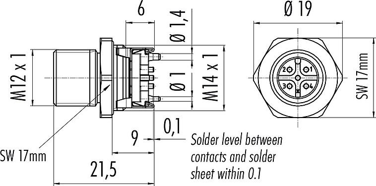 Scale drawing M12 Male panel mount connector, Contacts: 5, shieldable, SMT, IP67, M12x1.0, Front mounting