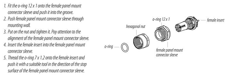 Instructions de montage M12 Embase femelle, Contacts: 8, blindable, THT, IP67, UL, M12x1,0, Montage frontal