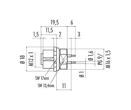 Scale drawing 86 0132 0000 00004 - M12 Female panel mount connector, Contacts: 4, unshielded, THT, IP68, UL, PG 9