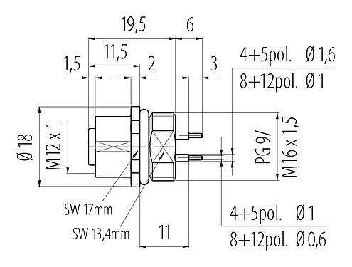 Scale drawing M12 Female panel mount connector, Contacts: 12, unshielded, THT, IP68, UL 2238, M16x1.5, Front mounting