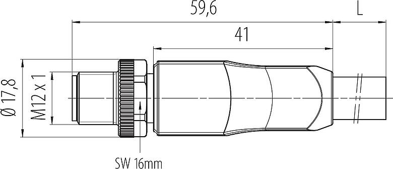 Dessin coté M12 Connecteur mâle, Contacts: 4+FE, non blindé, surmoulé sur le câble, IP68, UL 2238, M12x1,0, PUR, noir, 5 x 2,50 mm², 5 m