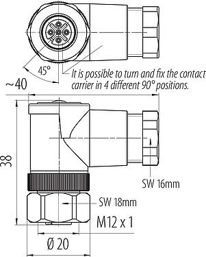 Scale drawing M12 Female angled connector, Contacts: 5, 6.0-8.0 mm, unshielded, screw clamp, IP67, UL 2238