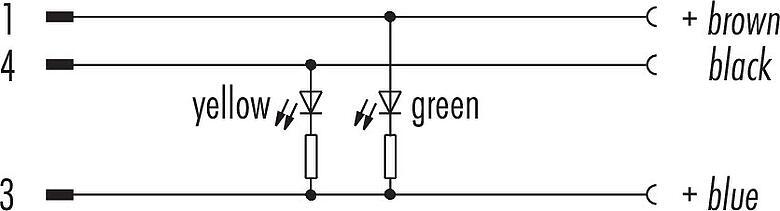 Schémas d’affectation des broches M12/M8 Connecteur mâle - connecteur d‘angle femelle, Contacts: 3, non blindé, surmoulé sur le câble, IP67/IP69K, PUR, noir, 3 x 0,25 mm², avec LED, PNP, 2 m