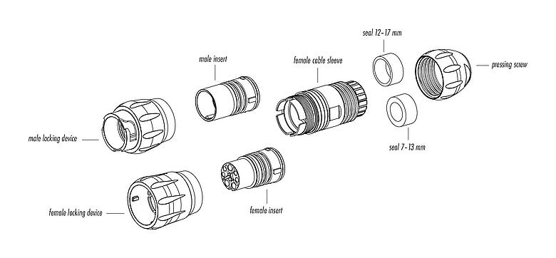 Descripción del artículo Bayoneta Conector de cable hembra, Número de contactos: 4+3+PE, 7,0-17,0 mm, sin blindaje, crimpado (los contactos de crimpado deben pedirse por separado), IP68/IP69K, UL 2238, VDE, UV-Beständig, racor para manguera protectora
