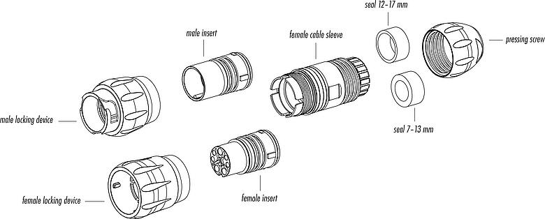 Dessin des composants Baïonnette Connecteur femelle, Contacts: 4+PE, 7,0-17,0 mm, non blindé, sertir (Les contacts à sertir doivent être commandés séparément), IP68/IP69K, UL 2238, VDE, résistant aux UV