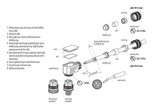 Assembly instructions M12 Male angled connector, Contacts: 5, 4.0-6.0 mm, shieldable, wire clamp, IP67, with shielding ring
