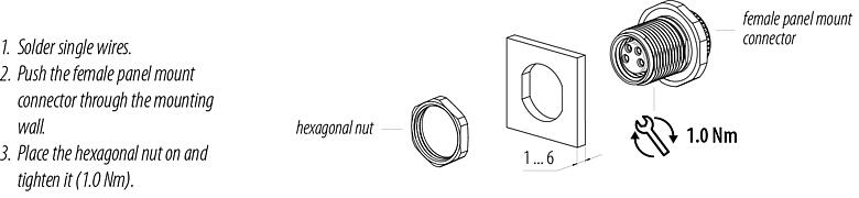 Assembly instructions M8 Female panel mount connector, Contacts: 3, solder, IP67/IP69K, M10x0.75, Rear mounting, with solder cups