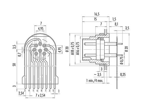 Connection & dimensions M16 Male panel mount connector, Contacts: 8 (08-a), unshielded, THT, IP40, M18x0,75, Rear mounting, potted