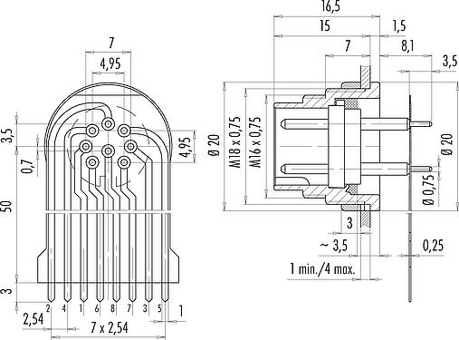 Conexión y dimensiones
M16 Enchufe de brida, Número de contactos: 8 (08-a), sin blindaje, THT, IP40, M18x0,75, Montaje en pared, moldeado