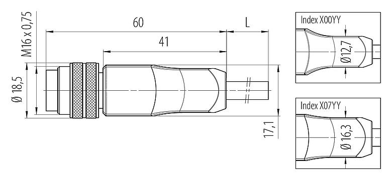 Dessin coté M16 Connecteur mâle, Contacts: 7 (07-a), blindé, surmoulé sur le câble, IP67, PUR, noir, 7 x 0,25 mm², 2 m
