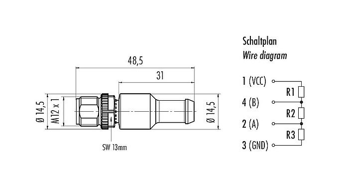 Dessin coté M12 Fiche de connexion, Contacts: 4, non blindé, IP69K, Profibus, PUR