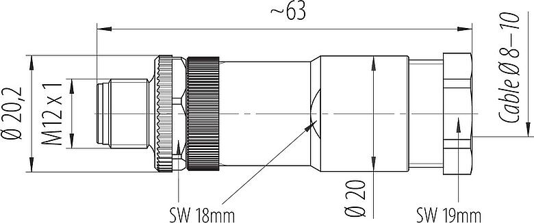 Dibujo a escala M12 Conector de cable macho, Número de contactos: 3+PE, 8,0-10,0 mm, sin blindaje, tornillo extraíble, IP67, UL 2238, VDE