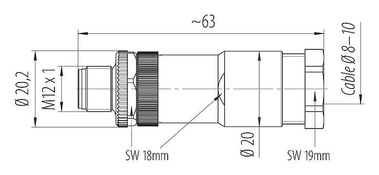 Dibujo a escala 99 0685 19 03 - M12 Conector de cable macho, Número de contactos: 2+PE, 8,0-10,0 mm, sin blindaje, tornillo extraíble, IP67, UL 2238