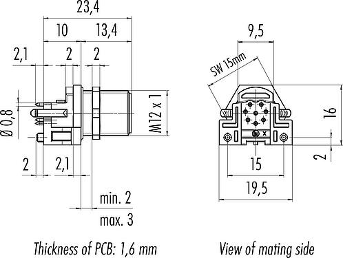 Dessin coté M12 Embase mâle, Contacts: 8, non blindé, THR, IP68, UL 2238, M12x1,0, Montage mural arrière, pour assemblage PCB