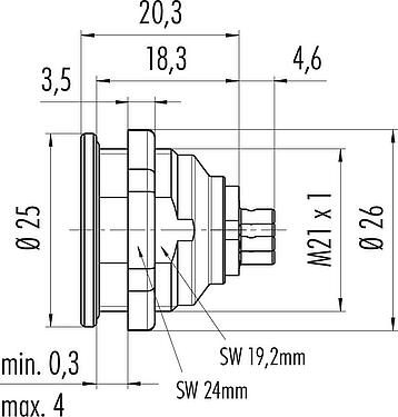 Dessin coté Push Pull Embase mâle, Contacts: 6, non blindé, souder, IP40, M21x1,0, Montage frontal