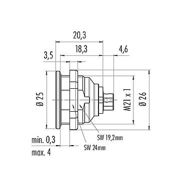 Scale drawing Push Pull Male panel mount connector, Contacts: 4, shieldable, solder, IP67, M21x1,0, Front mounting
