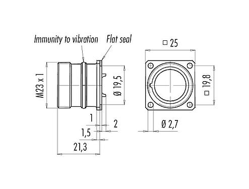 Scale drawing 99 4634 00 19 - M23 Female panel mount connector, Contacts: 19, unshielded, solder, IP67, Front mounting