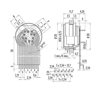 Conexión y dimensiones
M16 Toma de brida, Número de contactos: 12 (12-a), sin blindaje, THT, IP67, M18x0,75, Montaje en pared