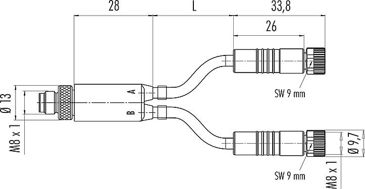 Scale drawing M8 Male cable splitter - 2 female cable connectors, Contacts: 4/3, unshielded, moulded on the cable, IP67, UL 2238, PUR, black, 3 x 0.34 mm², 0.6 m