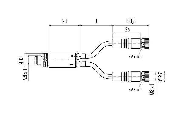 Scale drawing M8 Male cable splitter - 2 female cable connectors, Contacts: 4/3, unshielded, moulded on the cable, IP67, UL 2238, PUR, black, 3 x 0.34 mm², 1 m