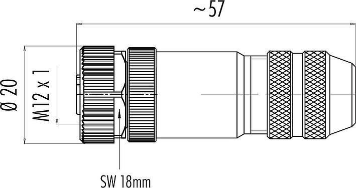Scale drawing M12 Female cable connector, Contacts: 4, 6.0-8.0 mm, shieldable, screw clamp, IP67, UL 2238, with shielding ring