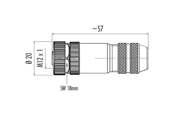Dessin coté M12 Connecteur femelle, Contacts: 4, 6,0-8,0 mm, blindable, pince à visser, IP67, UL 2238, avec anneau de protection