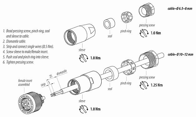 Assembly instructions M18 Female cable connector, Contacts: 4, 10.0-12.0 mm, unshielded, screw clamp, IP67