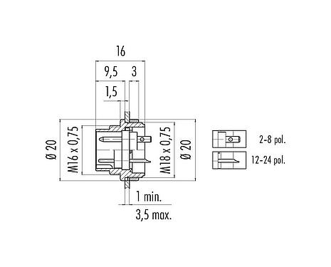 Scale drawing M16 Male panel mount connector, Contacts: 8 (08-a), unshielded, solder, IP40, M18x0,75, Front mounting