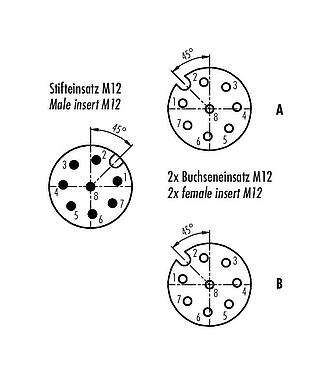 Disposition des contacts (Côté plug-in) M12 Répartiteur double, Y-distributeur, mâle - 2 femelle, Contacts: 8, non blindé, enfichable, IP68, UL 2238