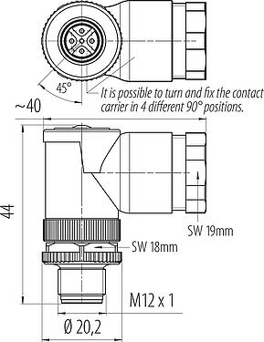 Scale drawing M12 Male angled connector, Contacts: 5, 2.1-3.0 mm (2 cable) or 4-5 mm (2 cable), unshielded, screw clamp, IP67, UL 2238