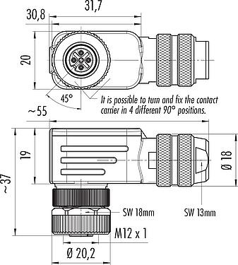 Scale drawing M12 Female angled connector, Contacts: 4, 6.0-8.0 mm, shieldable, screw clamp, IP67, UL 2238, with shielding ring