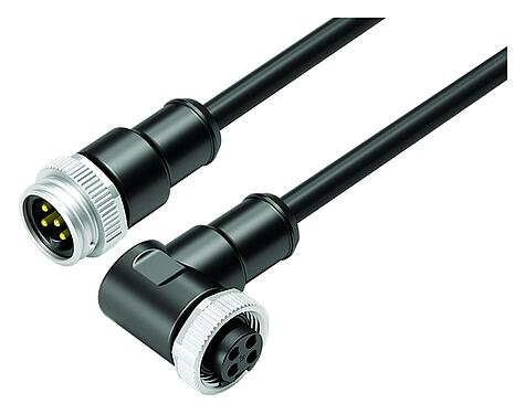 Illustration 7/8" Câble de raccordement connecteur mâle - connecteur femelle coudé, Contacts: 4, non blindé, surmoulé sur le câble, IP68, UL 2238, PUR, noir, 4 x 1,50 mm², 5 m