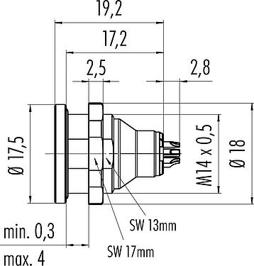 Scale drawing Push Pull Male panel mount connector, Contacts: 8, unshielded, solder, IP40, M14x0,5, Front mounting