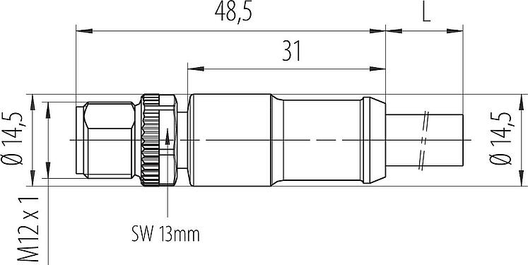 Dibujo a escala M12 Conector de cable macho, Número de contactos: 4, sin blindaje, moldeado en el cable, IP68, UL 2238, PUR, negro, 4 x 1,50 mm², 5 m