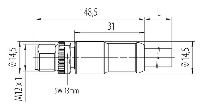 Dessin coté M12 Connecteur mâle, Contacts: 4, non blindé, surmoulé sur le câble, IP68, UL 2238, PUR, noir, 4 x 1,50 mm², 2 m