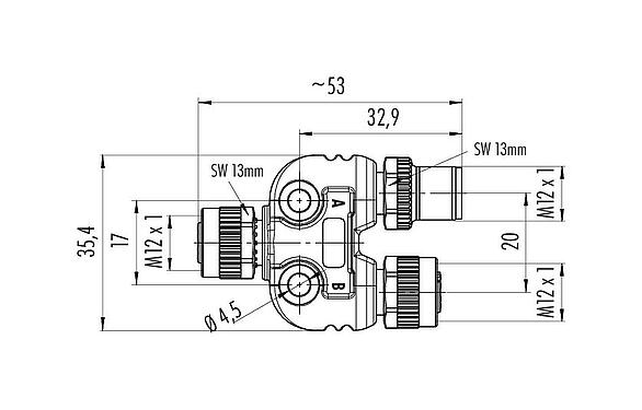 Dessin coté M12 Répartiteur double, Y-distributeur, mâle - 2 femelle, Contacts: 4, non blindé, enfichable, IP68, UL 2238
