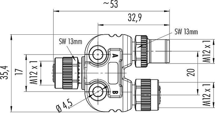 Scale drawing M12 Twin distributors Y-distributor, male connector - 2 female connector, Contacts: 4, unshielded, pluggable, IP68, UL 2238