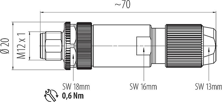 Dessin coté M12 Connecteur mâle, Contacts: 4, 5,0-8,0 mm, blindable, sertir (Les contacts à sertir doivent être commandés séparément), IP67, UL 2238