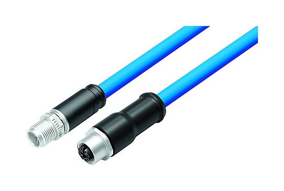 Illustration M12 Connecting cable male cable connector - female cable connector, Contacts: 8, shielded, moulded on the cable, IP67, M12x1.0, E-beam X-FRNCL/LSNH, blue, 5 m