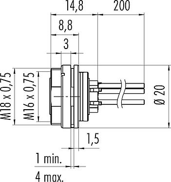 Scale drawing M16 Female panel mount connector, Contacts: 4 (04-a), unshielded, single wires, IP40, M18x0,75, Rear mounting