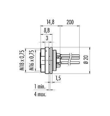 Scale drawing 09 0328 782 07 - M16 Female panel mount connector, Contacts: 7 (07-a), unshielded, single wires, IP40